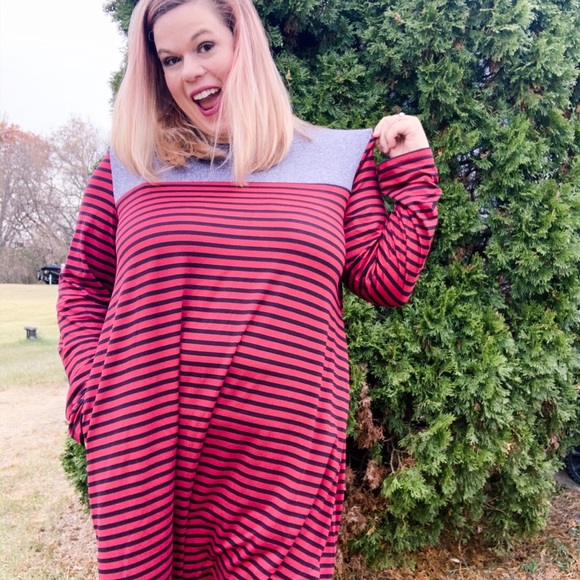 NWT Red Black Striped Dress w/ gray Accent - Picture 5 of 7